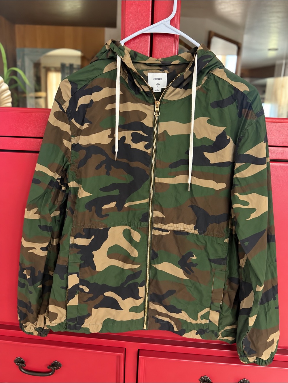 Forever 21 Women's Camo Hooded Rain Jacket - Green, Tan, Black